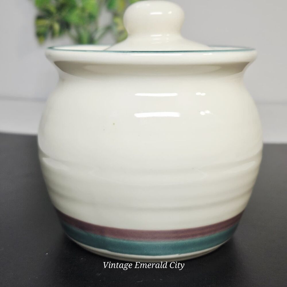 Vtg Pfaltzgraff Juniper Sugar Bowl Canister Storage Lidded Teal Mauve Container